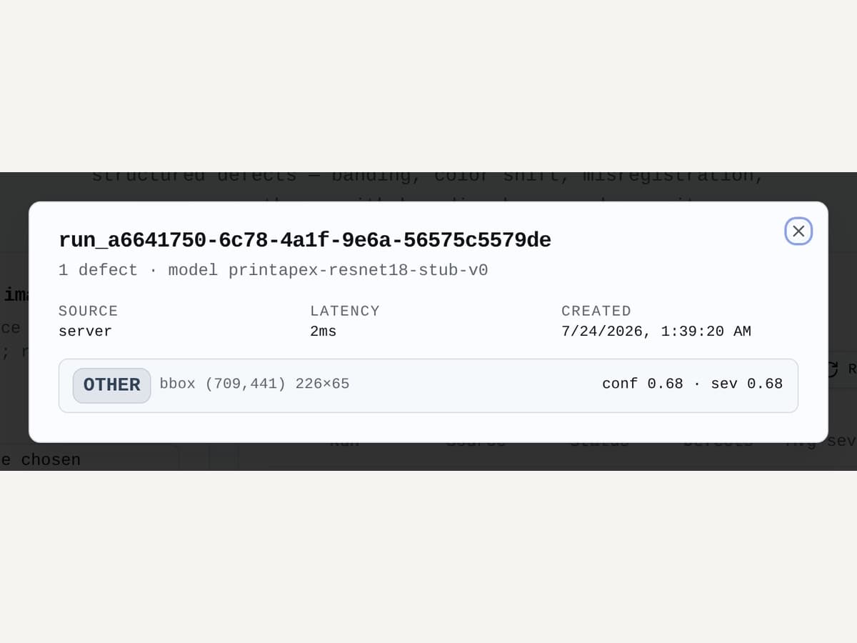 live defect popup flagged on the PrintApex dashboard